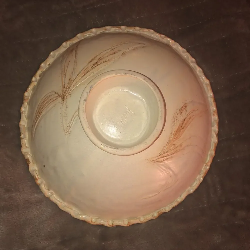 Vintage Hand Made Pottery Bowl Ivory Wheat Leaves